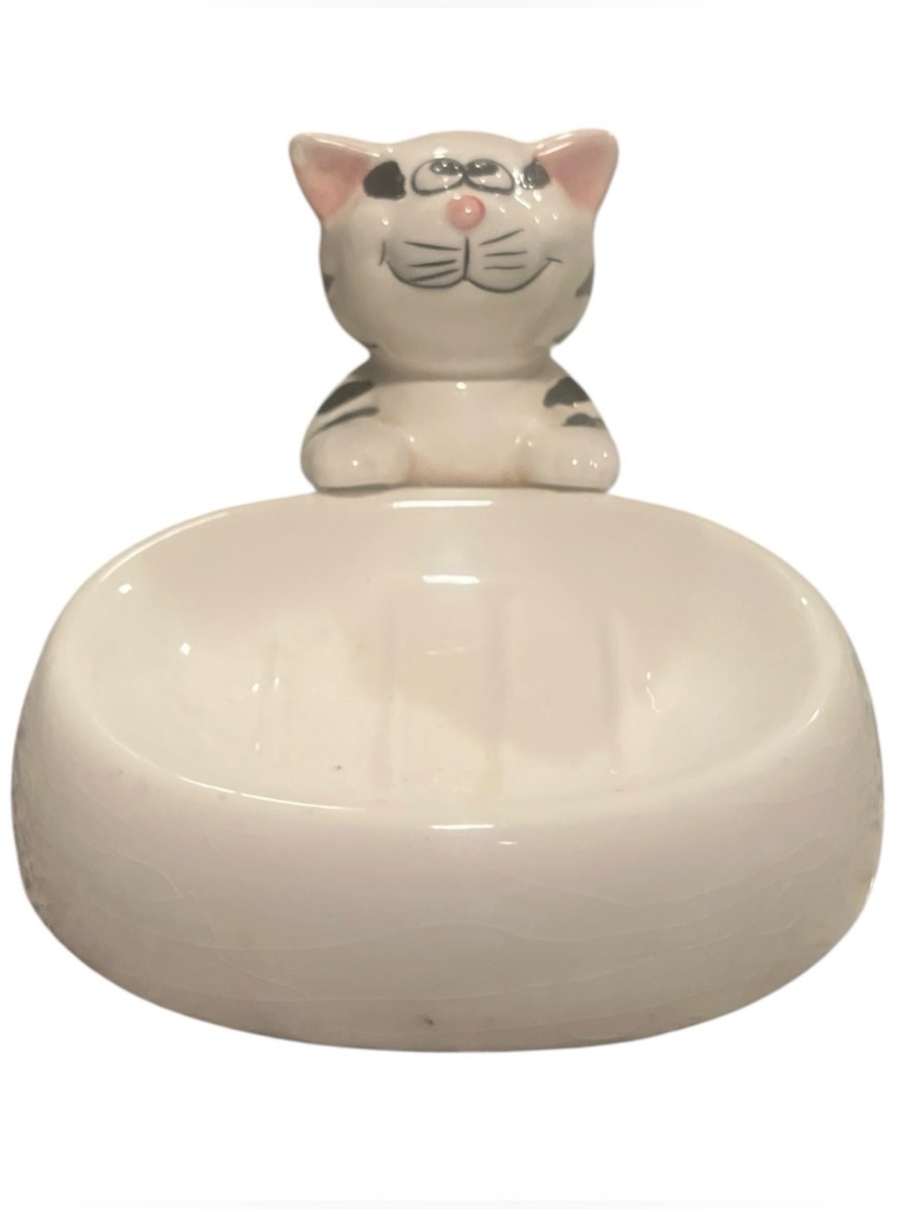 Vintage Ceramic Cat Soap Dish Trinket Tray Ring Holder White Gray Tabby Striped